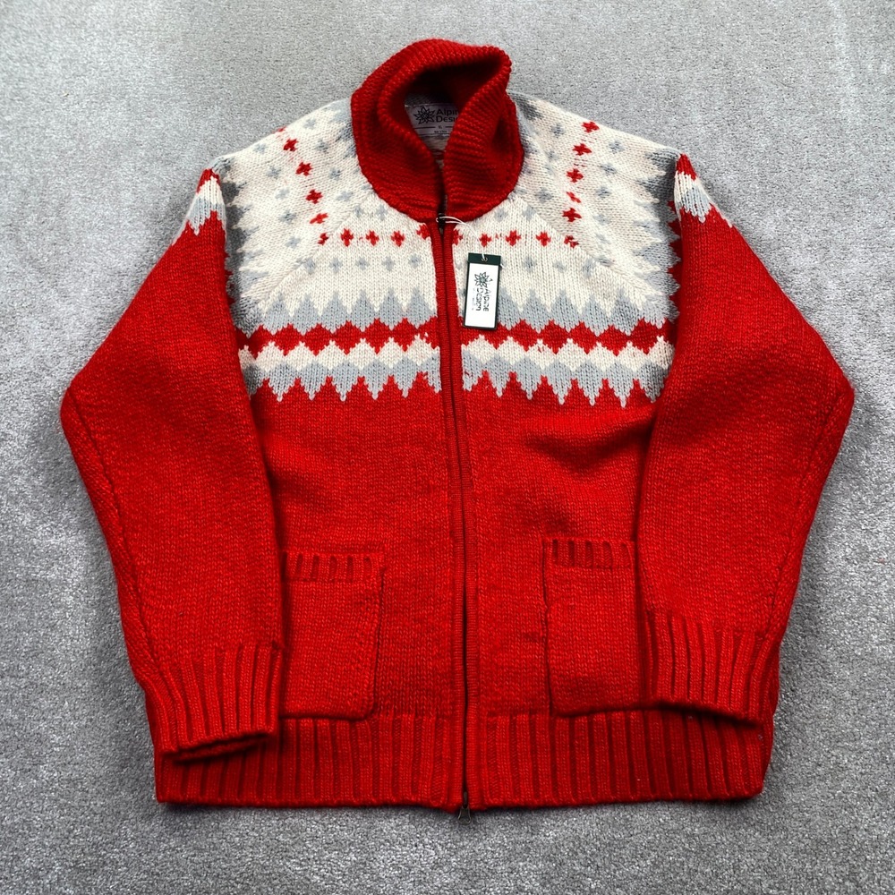 Alpine Designs Mens XL Red Fair Isle Zip Up Cardigan Sweater Mountain Peak